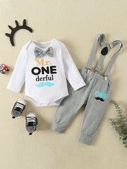 Letter Print Long Sleeve Romper & Overall Pants Set