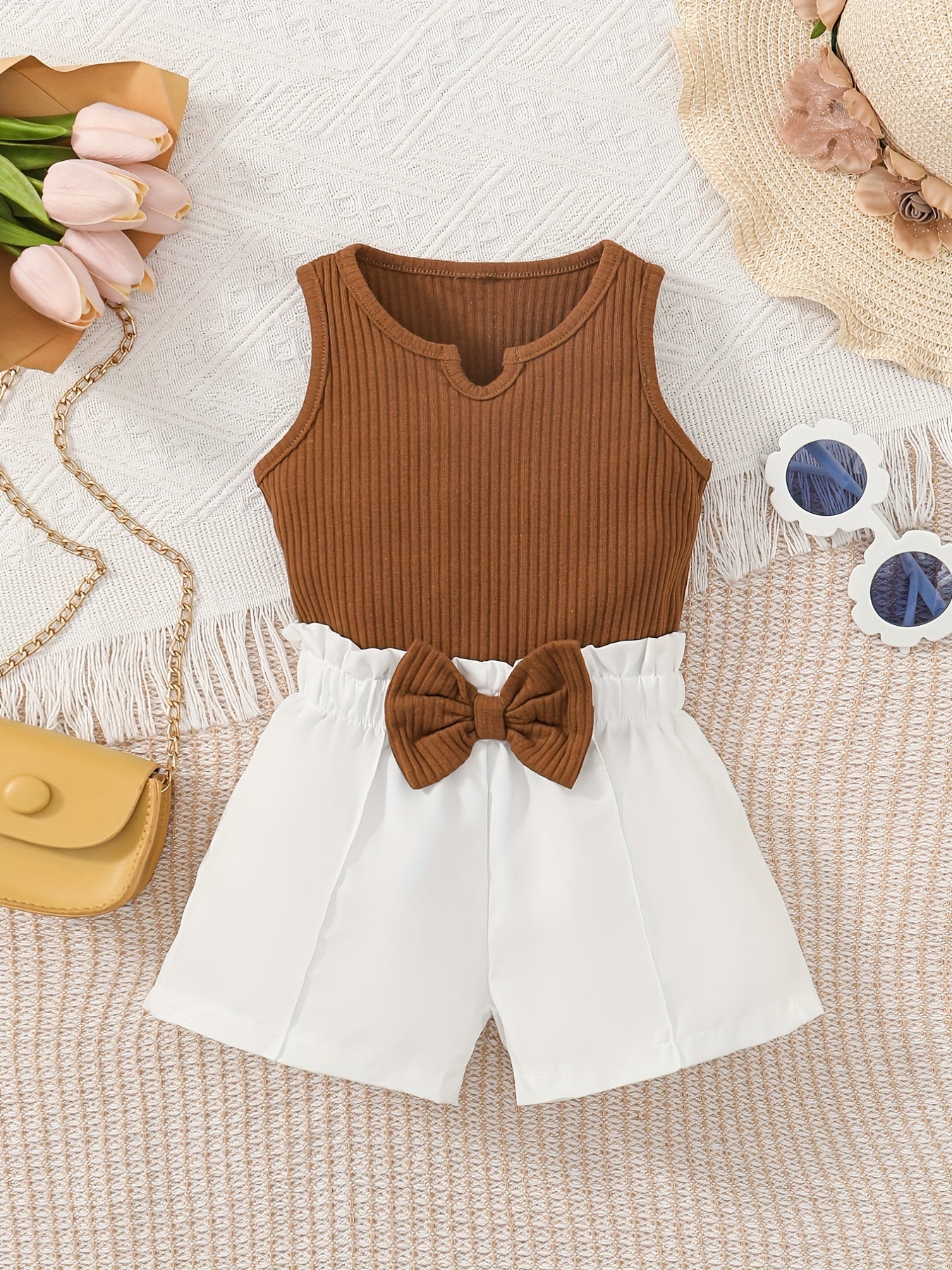 Striped Crop Top & Bow Shorts Set for Girls