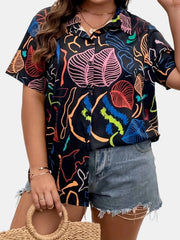 Casual Blouse Women's Plus Turn Down Leaf Print Short Sleeve