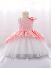 Girls Lace Trim Puffy Princess Dress for Wedding Birthday Party