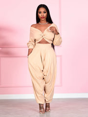 Solid Off Shoulder Crop Top & Pants Set Plus Size