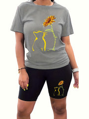 Cat & Sunflower Print Tee & Shorts Set