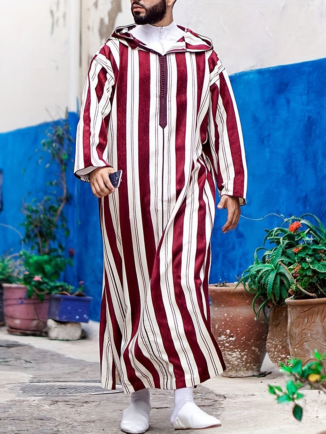 Islamic Arabic Kaftan Men Long Sleeve Vertical Striped V Neck Hooded