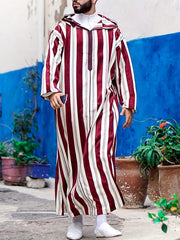 Islamic Arabic Kaftan Men Long Sleeve Vertical Striped V Neck Hooded