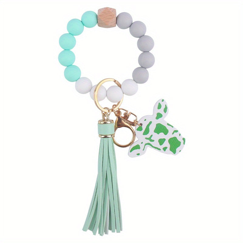 Cow Head Pattern Silicone Beaded Bracelet Keychain Pendant