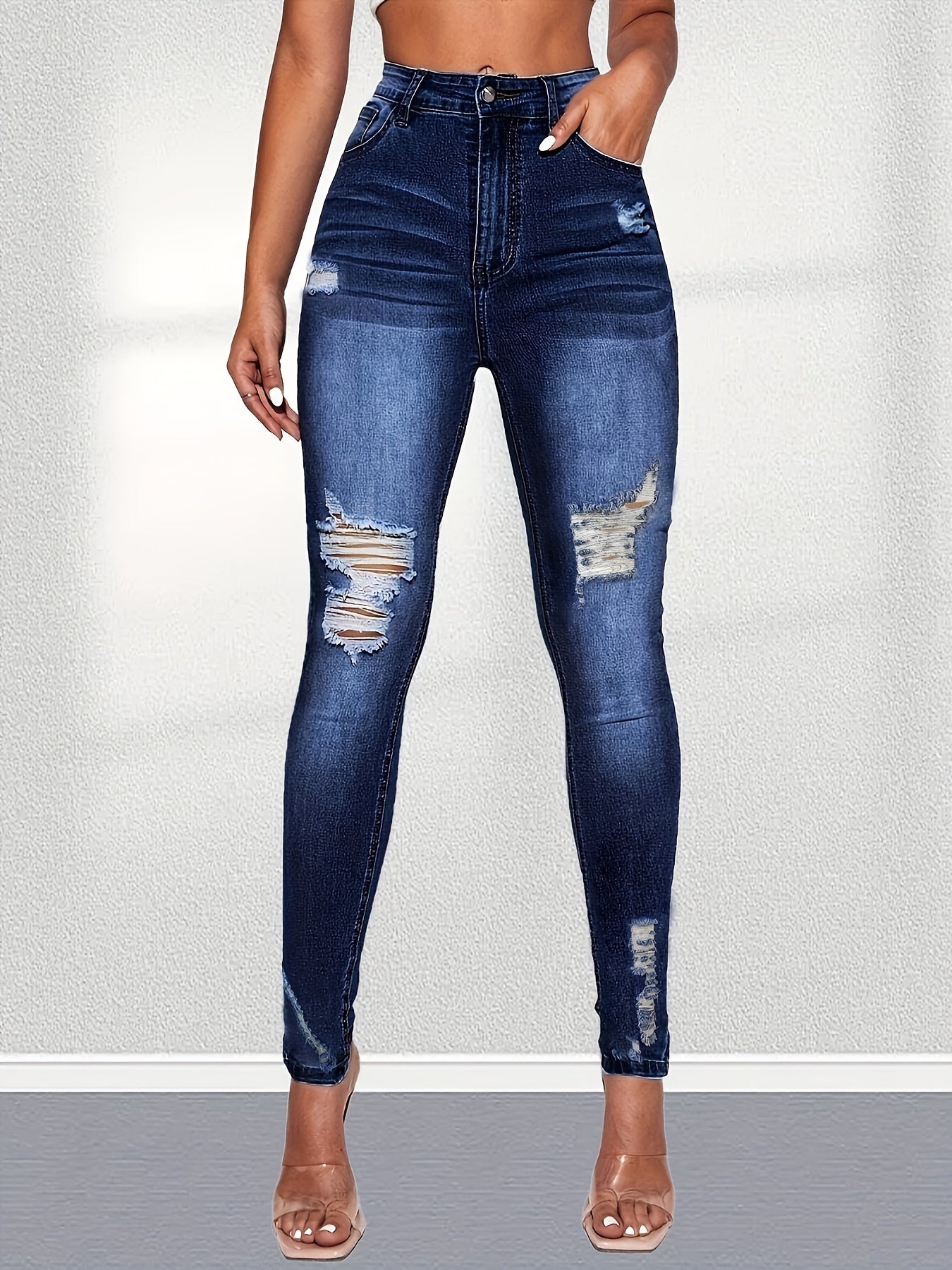Ripped Holes Skinny Jeans Mid Stretch Casual Denim Women's Pants