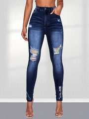 Ripped Holes Skinny Jeans Mid Stretch Casual Denim Women's Pants