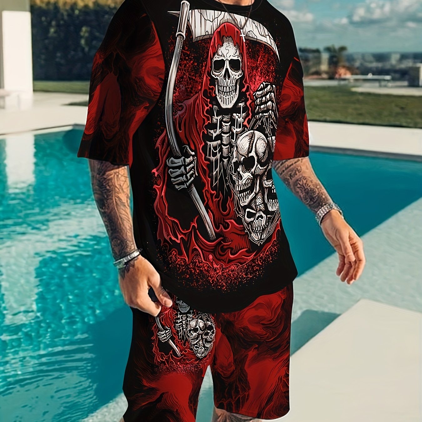 Skull Skeleton 3D Pattern Men's 2 Piece Outfits T-shirt & Shorts Set