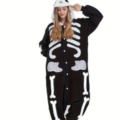 Skull Button Up Hooded Fleece Jumpsuit