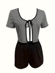 Striped Print Pajamas Set V Neck Top & Shorts