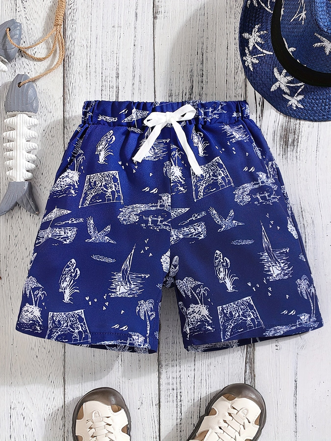 Boys Bird Sailboat Trees Print Short Sleeves Shirt For Vacation Beach