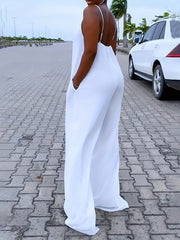 Casual Cami Jumpsuit Solid Round Neck Backless Wide Leg With Pockets