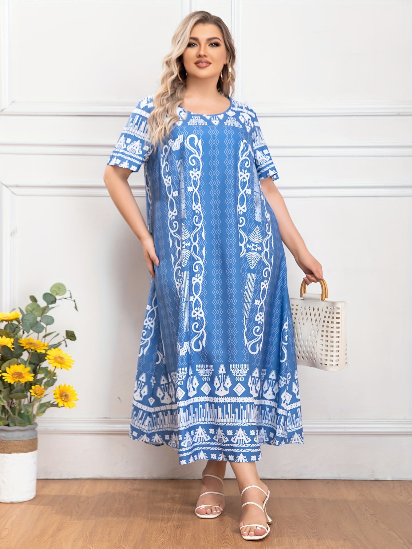 Boho Abaya Dress Women's Plus Geo Print Maxi Jalabiya Dress