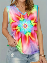 Women's Plus Tie Dye Floral Print V Neck Stretch Tank Top