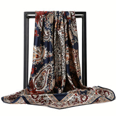 Vintage Brown Paisley Print Square Scarf Satin Shawl Bandana