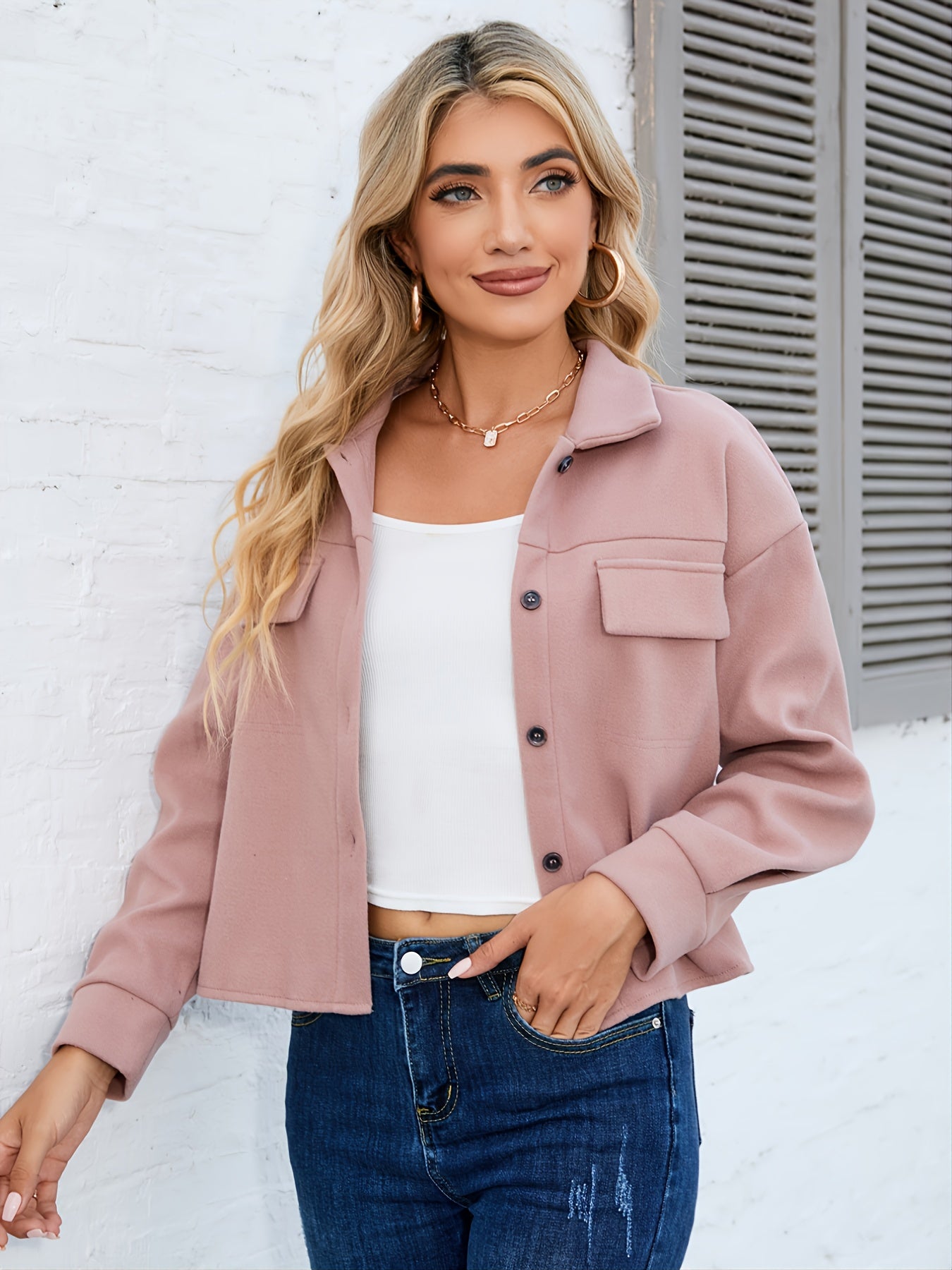 Button Front Suedette Jacket For Office & Work Women's Clothing