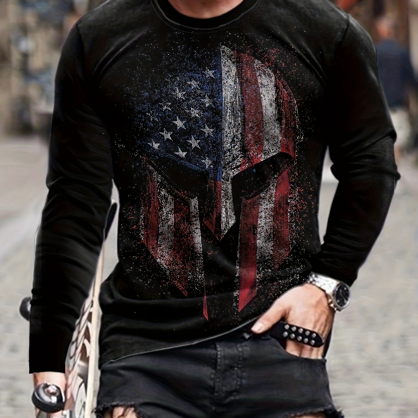 Helmet Print Men's Long Sleeve Novelty T-shirt for Autumn