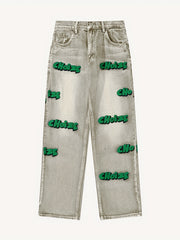 Embroidered Jeans Loose Fit Towel Embroidery Men's Denim Pants