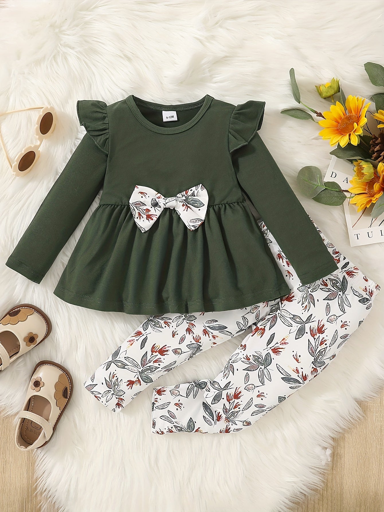 Baby Girl Winter Outfit Flutter Sleeve Splicing Bowknot Skirt Top & Pants Set