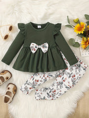 Baby Girl Winter Outfit Flutter Sleeve Splicing Bowknot Skirt Top & Pants Set