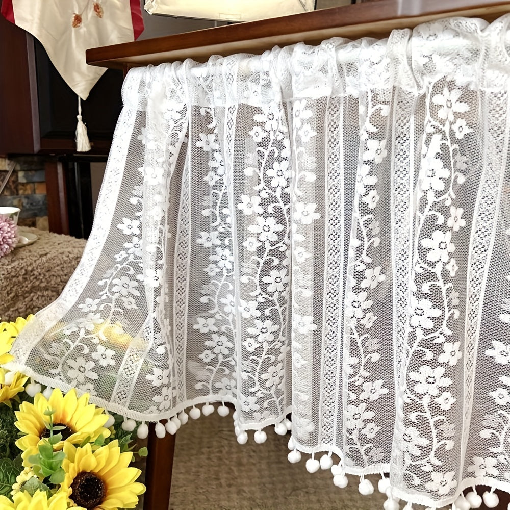 Short Sheer Floral Curtain with Pom Poms - Home Decor