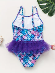 Girls Mermaid Fish Scale Print Swimsuit Sleeveless Camisole Mesh Decor