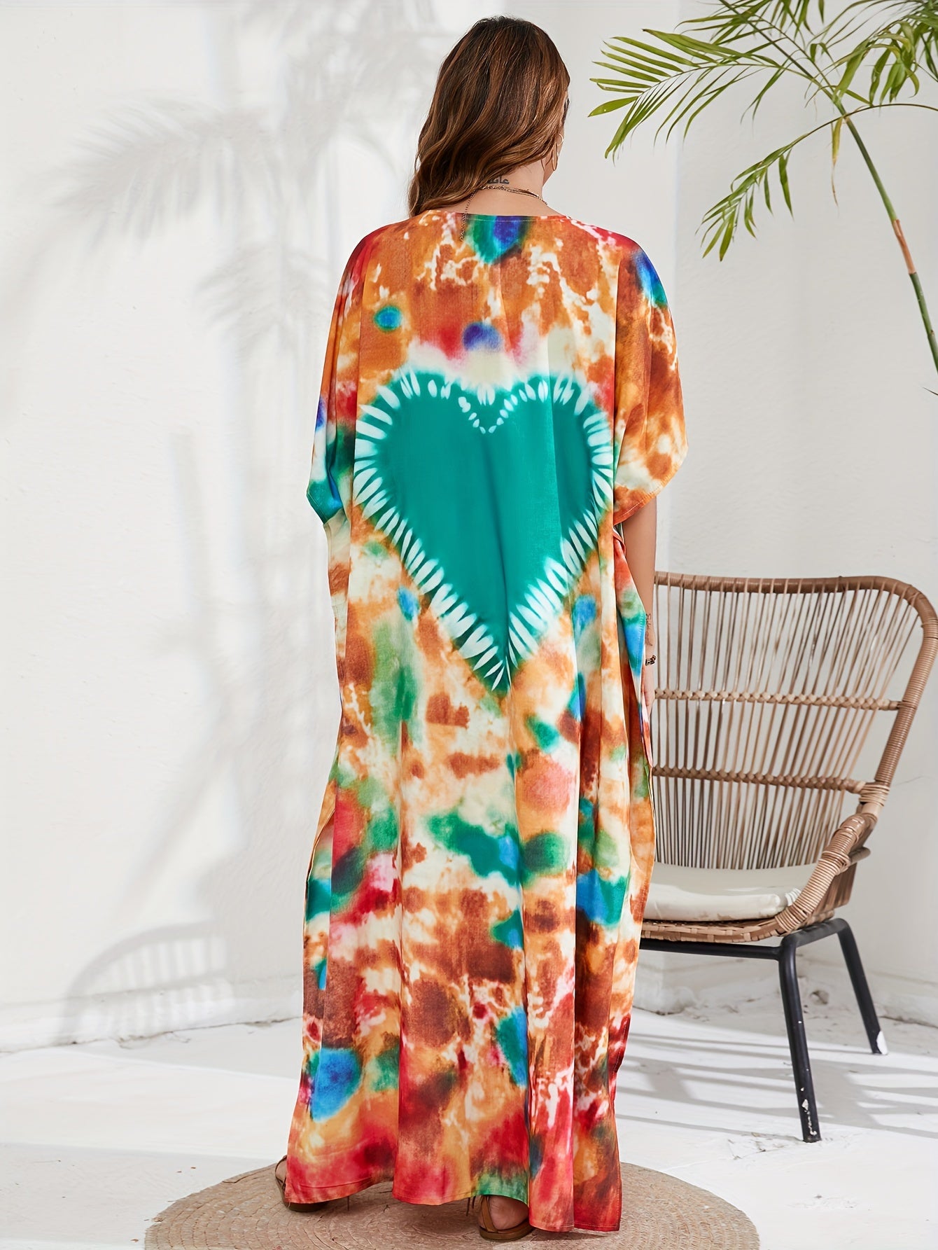 Boho Cover Up Tie Dye Heart Pattern V Neck Maxi Beach Cover Up
