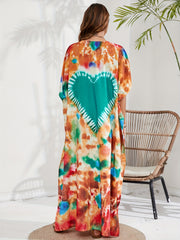 Boho Cover Up Tie Dye Heart Pattern V Neck Maxi Beach Cover Up