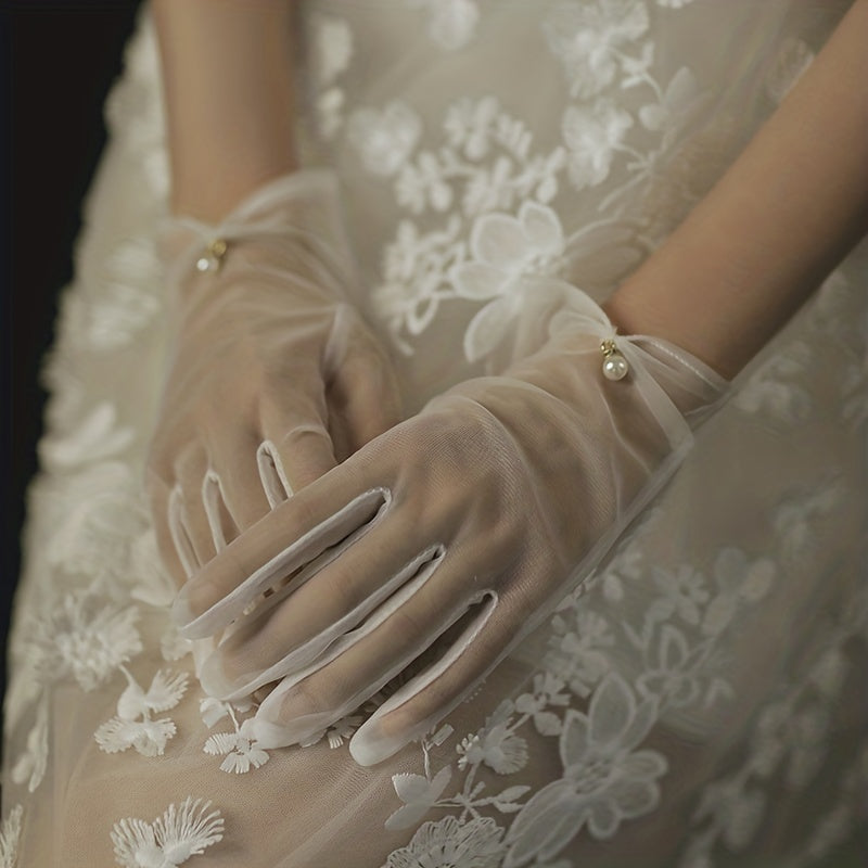 Faux Pearl Mesh Full Finger Wedding Gloves