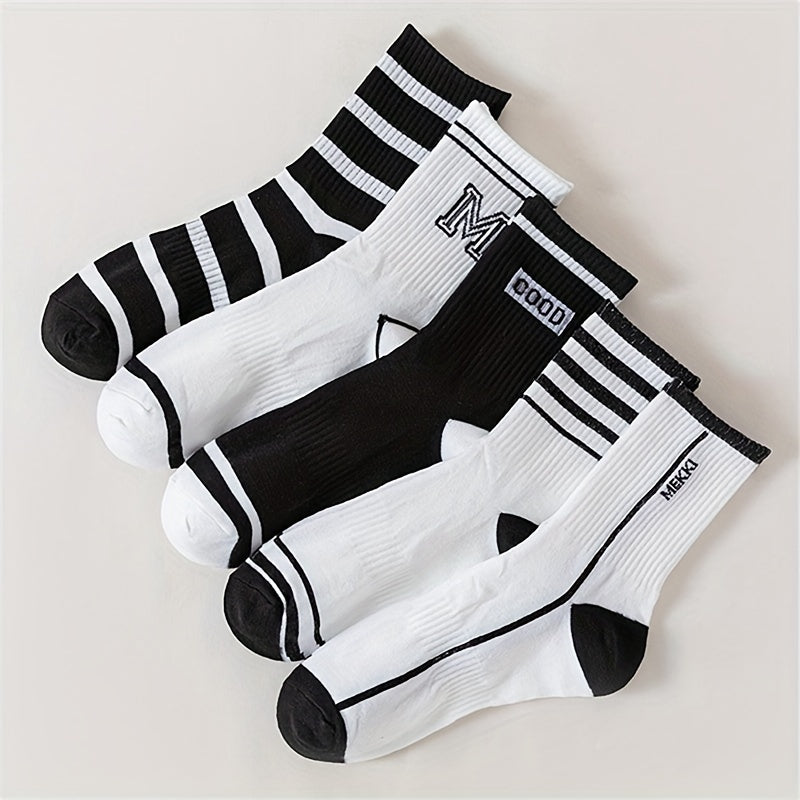 5 Pairs Letter & Striped Print Socks Mid Tube Stockings