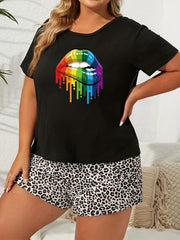 Rainbow Lip Print Short Sleeve Top & Leopard Print Shorts Pajama Set