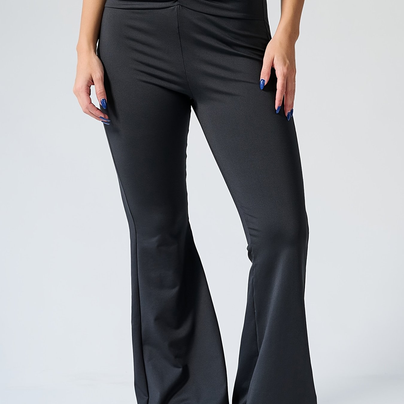 Ruched Waist Flare Leg Pants Solid Casual Workout Running Flared Leggings
