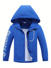 Boys Letter Zip Up Hooded Jacket Raincoat Windbreaker Outerwear Lightweight