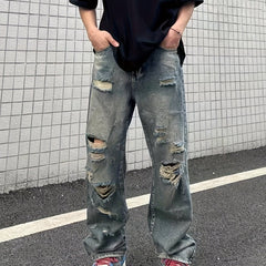 Men's Distressed Cotton Jeans Casual Street Style Denim Pants