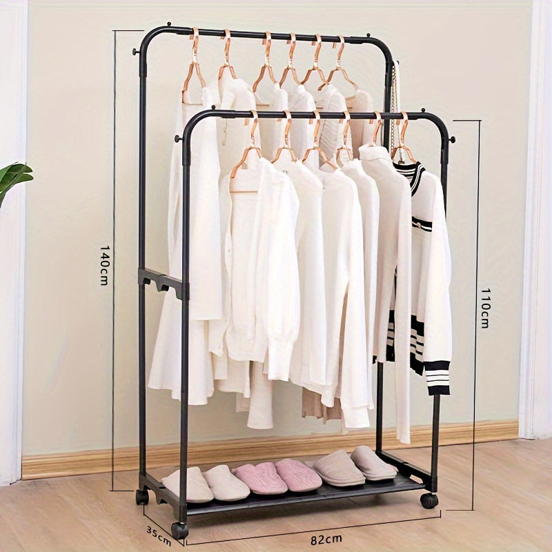 Standing Clothes Rack with Top Rod Lower Storage and Hooks Coat Rack