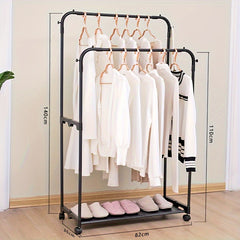 Standing Clothes Rack with Top Rod Lower Storage and Hooks Coat Rack