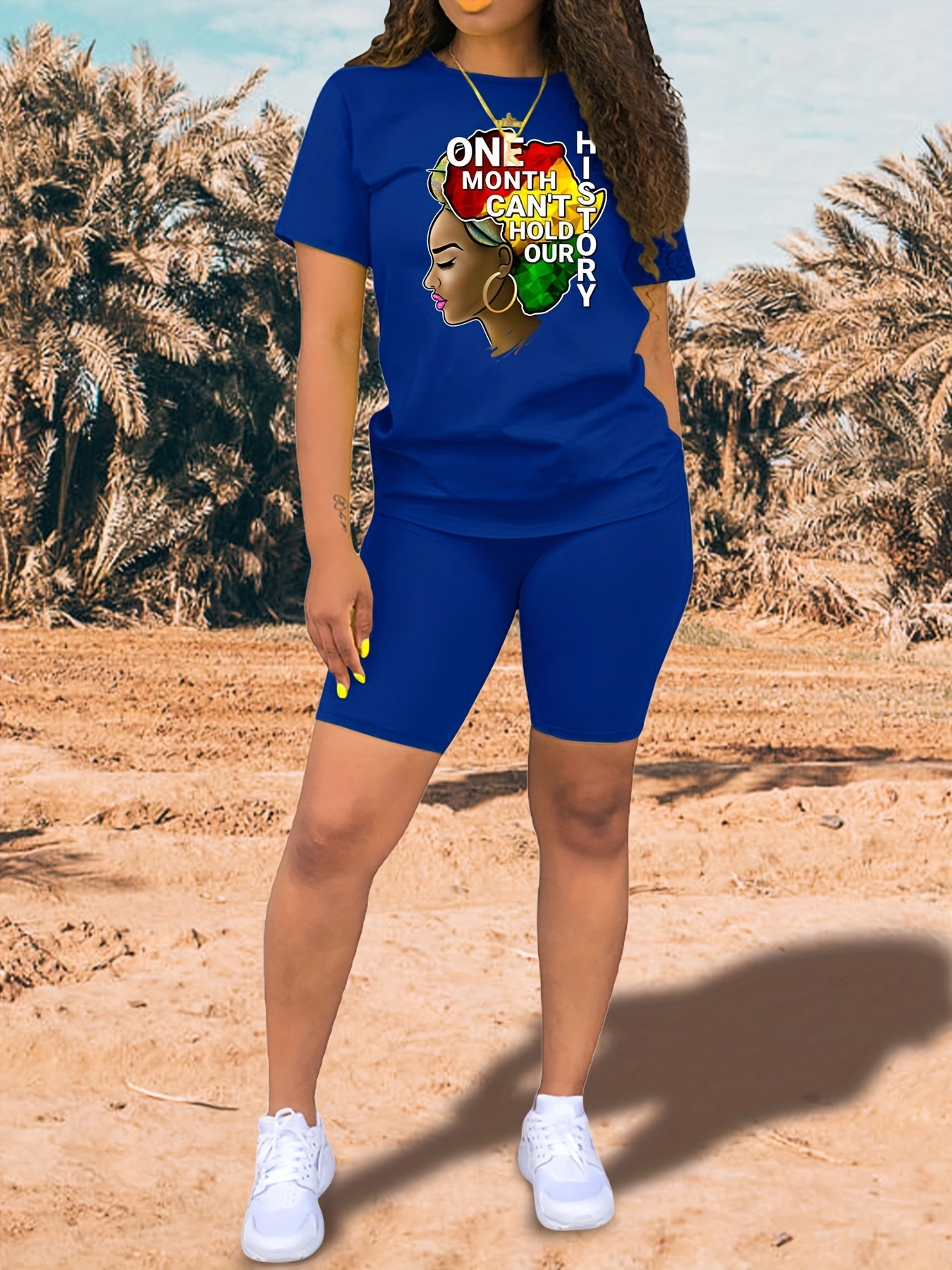 Girl & Letter Print Matching Two piece Set Short Sleeve T shirt & Biker Shorts