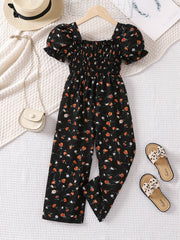 Toddler Girls Puff Sleeve Flower Graphic Rompers Jumpsuits for Beach Vacation