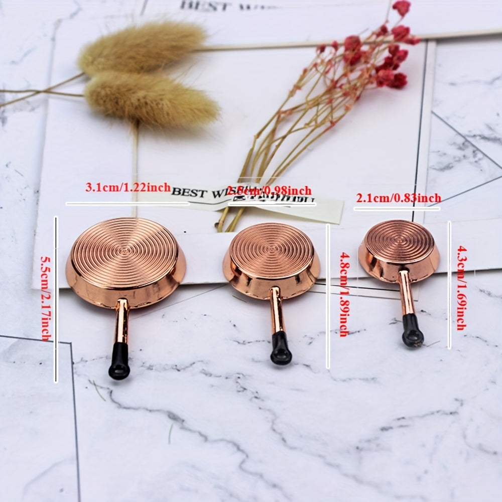 3pcs Dollhouse Cookware Set Metal Frying Pan with Lid & Copper Tart Pans