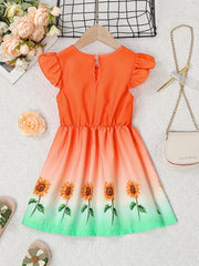 Girls Ombre & Sunflower Graphic Flying Sleeve Casual Dress