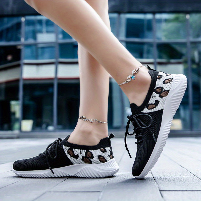 Leopard Print Sneakers Breathable Knitted Lace Up Low Top Running Shoes
