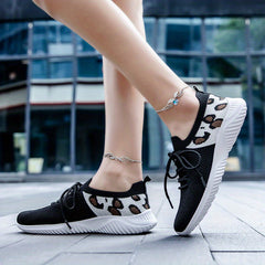 Leopard Print Sneakers Breathable Knitted Lace Up Low Top Running Shoes