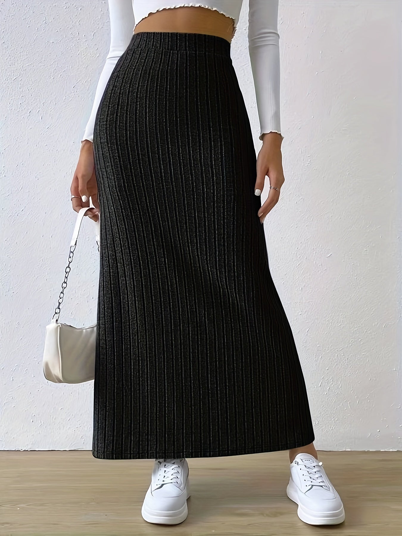 Ribbed Split Skirt High Waist for Spring & Summer Women's Clothing