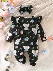 Elephant Graphic Romper & Headband Set for Baby Girls