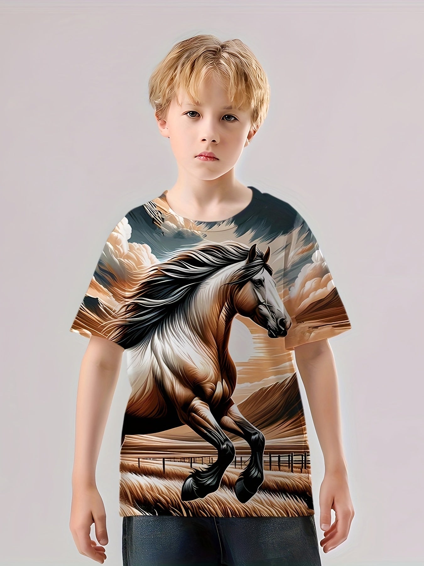 Running Horse 3D Print Boy's Casual Tees Short Sleeve Crew Neck
