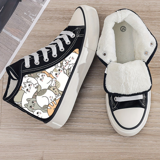 Girl's High Top Cartoon Cats Skate Shoes With Warm Plush Lining