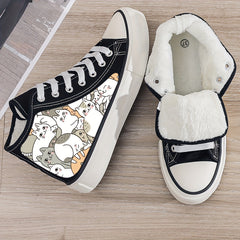 Girl's High Top Cartoon Cats Skate Shoes With Warm Plush Lining