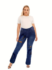 Women's Plus Floral Print Cut Out Button Fly High Stretch Jeans