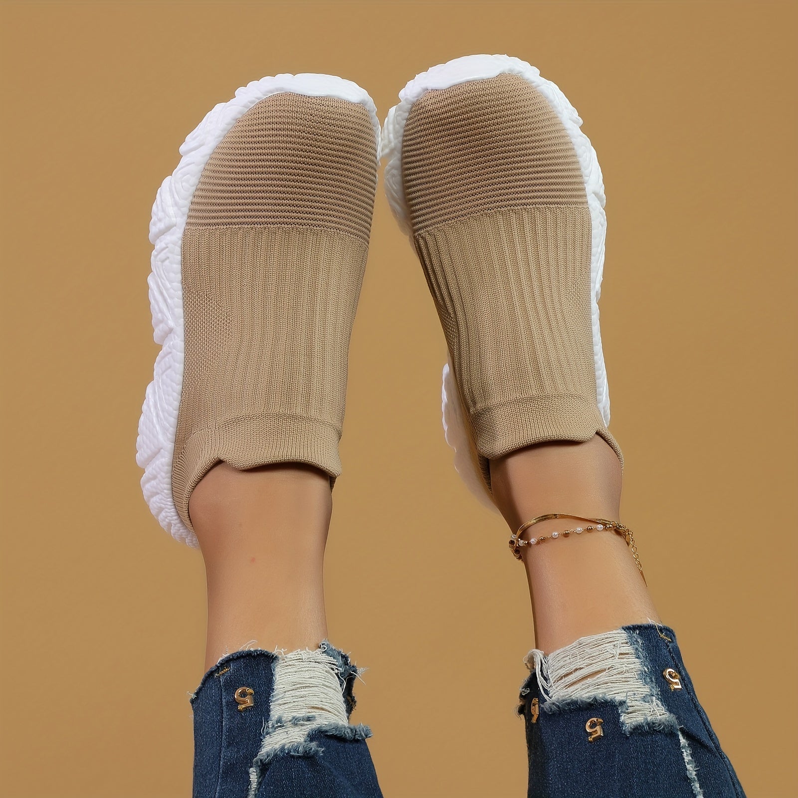 Khaki Slip On Socks Shoes Thick Bottom Breathable Running Shoes