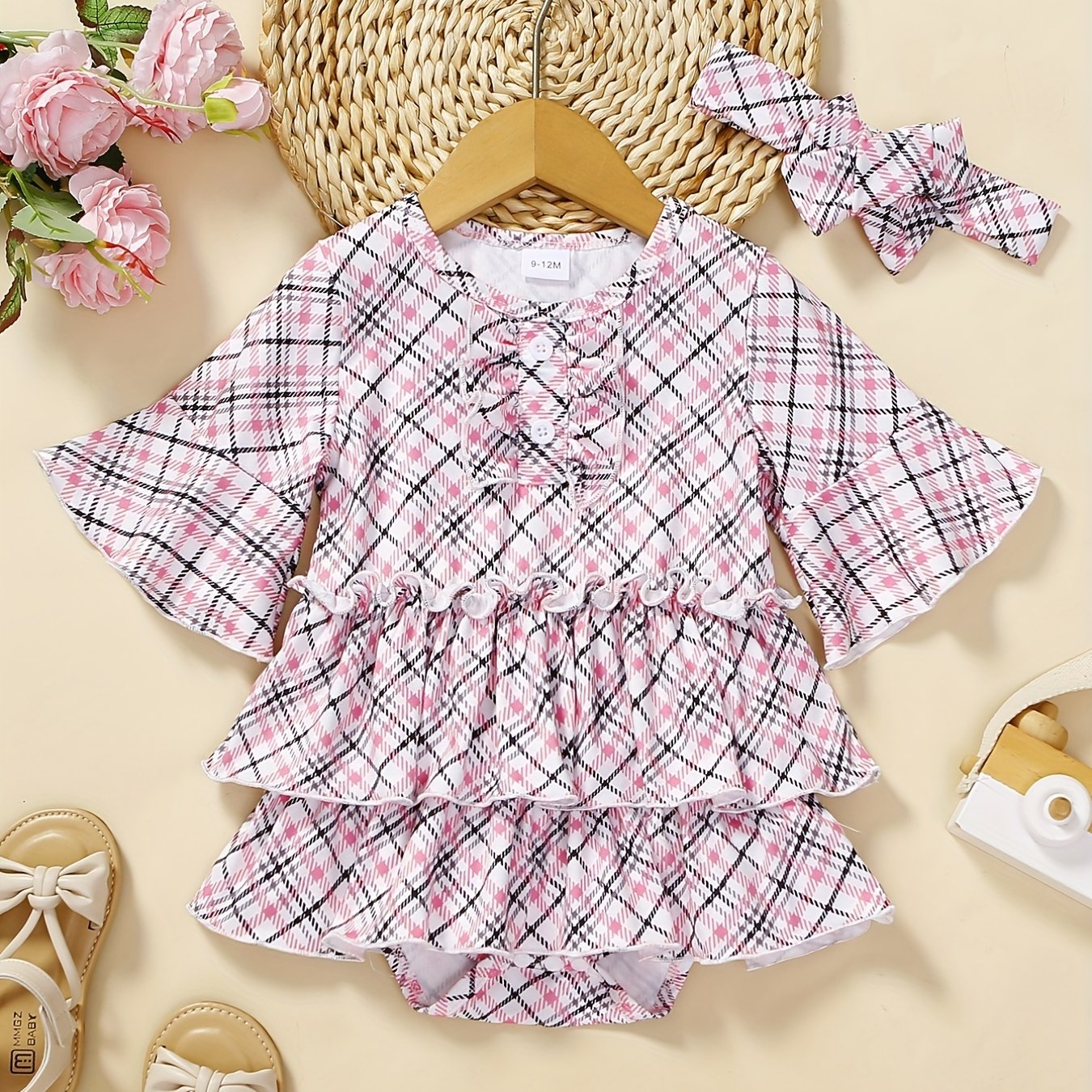 2pcs Baby Girls Plaid Onesie Dress & Headband Flared Sleejsons Princess Dress